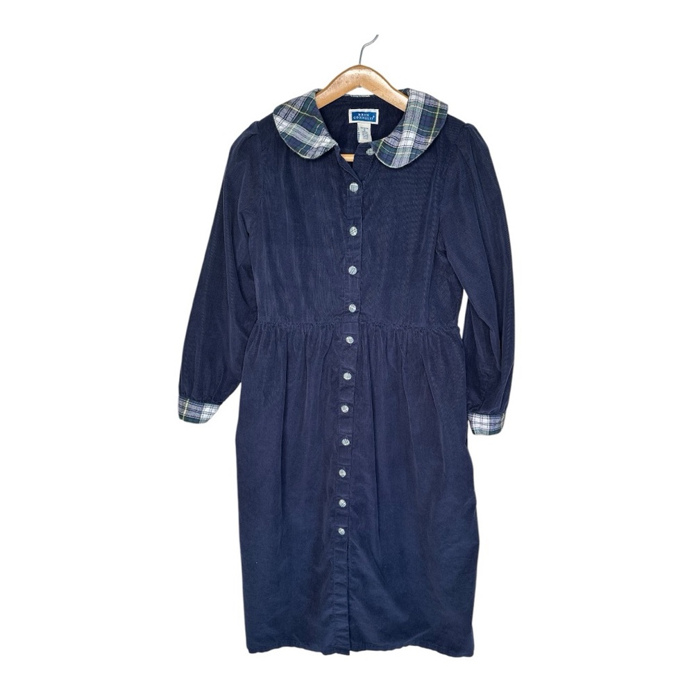 Vintage Bryn Connelly Corduroy Dress Plaid Trim Buttons Size 12 Navy Blue